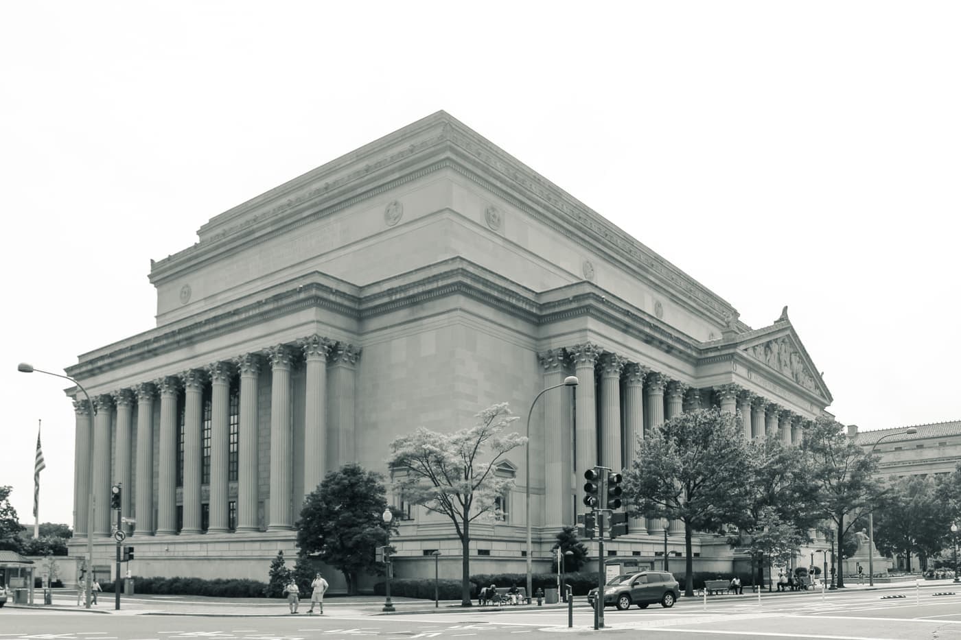 Neoclassical facade of the National Archives building in Washington DC