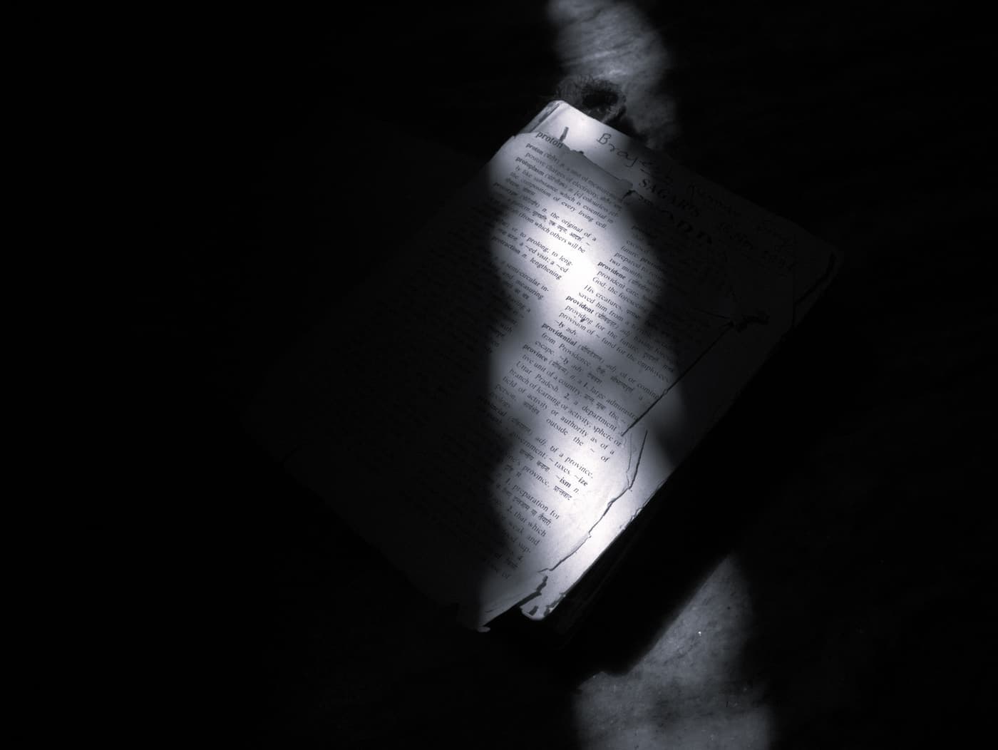 Beam of light falling across the pages of an open reference book