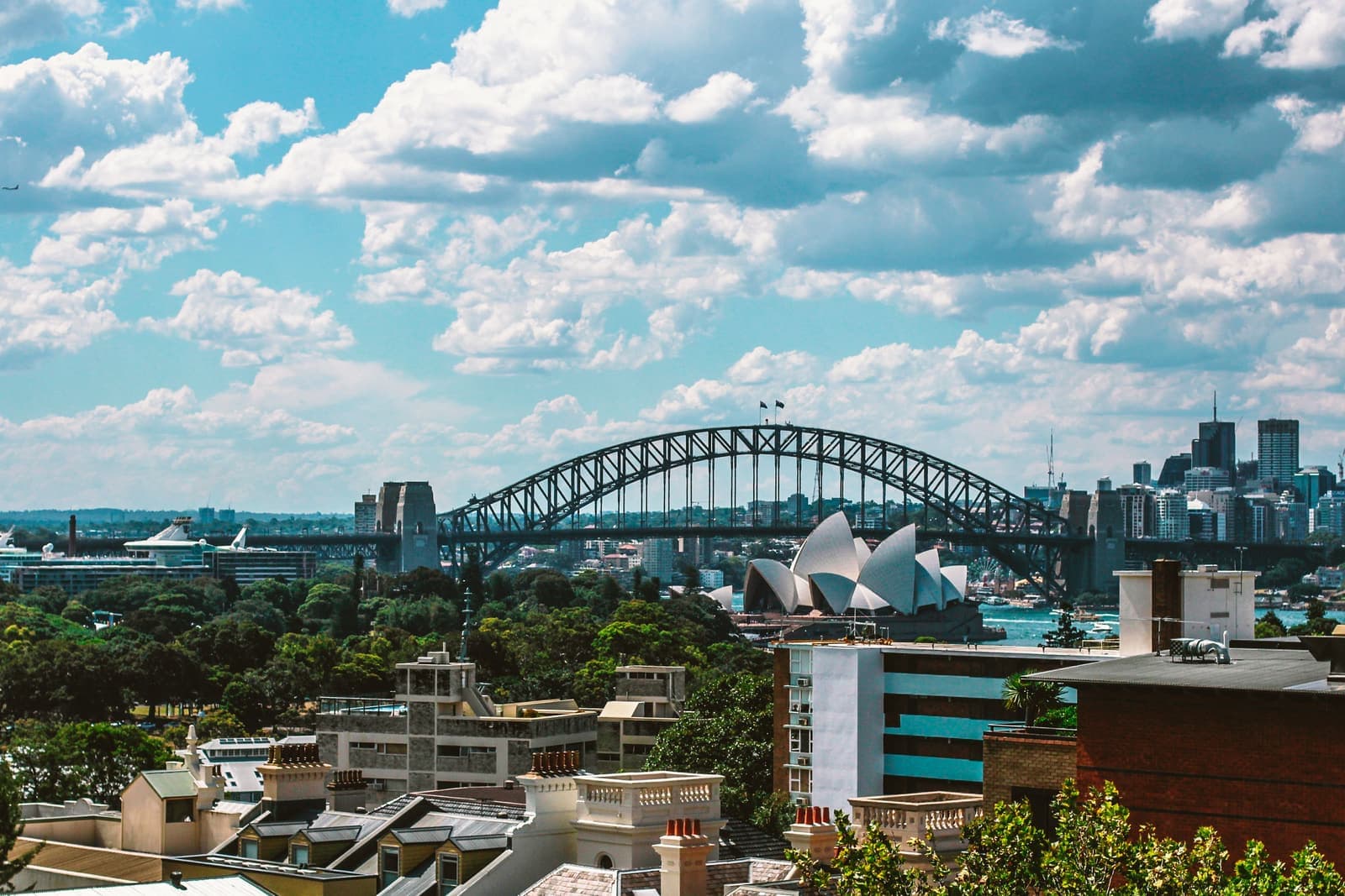 Sydney Harbour Bridge and Opera House across the water on a sunny day