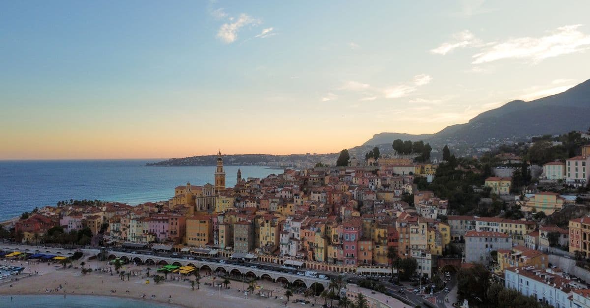 The coastline of Menton on the French Riviera at sunset