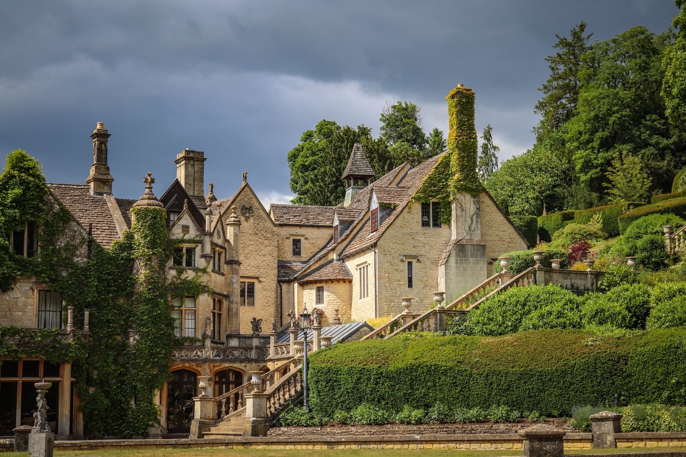 Historic stone manor house and gardens at Castle Combe, England