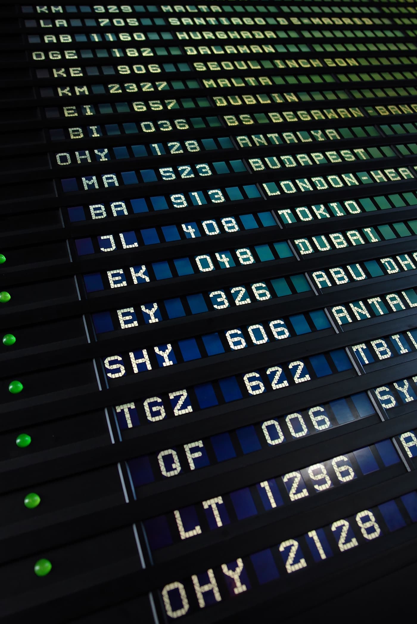 Classic flip departure board listing international destinations