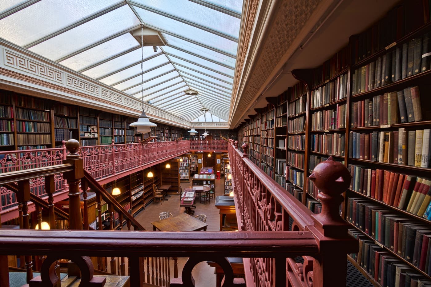 Bookshelves and skylight inside the historic Leeds Library
