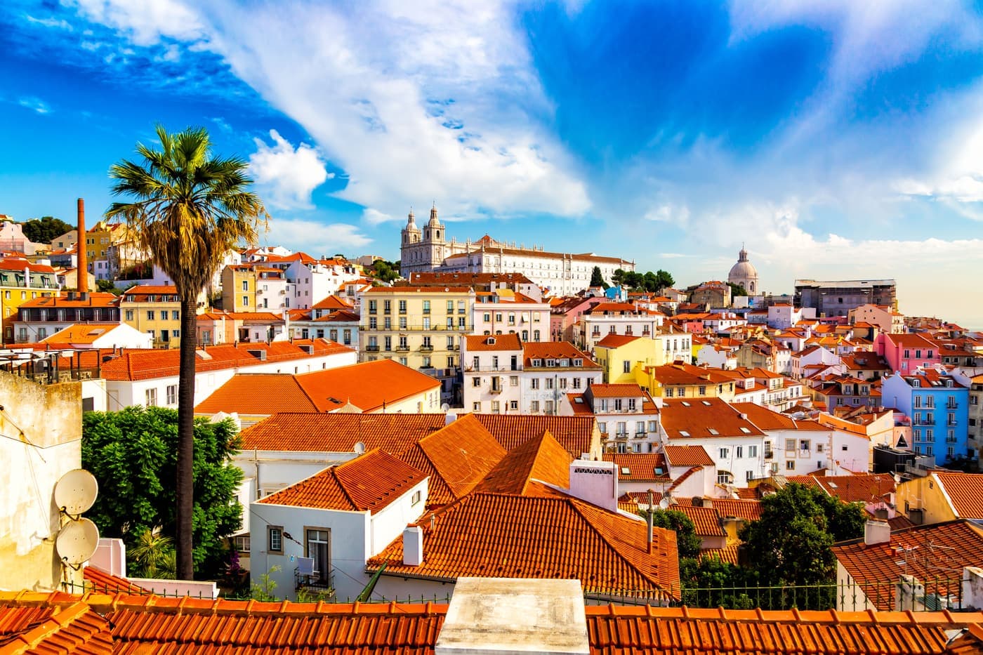 Alfama old town rooftops in Lisbon viewed from the Miradouro das Portas do Sol
