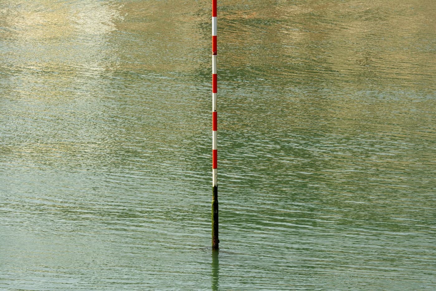 A red and white water level marker standing in still water.