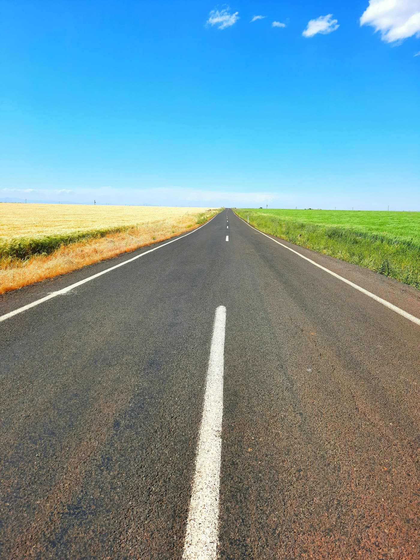 A straight road running through open fields towards the horizon.