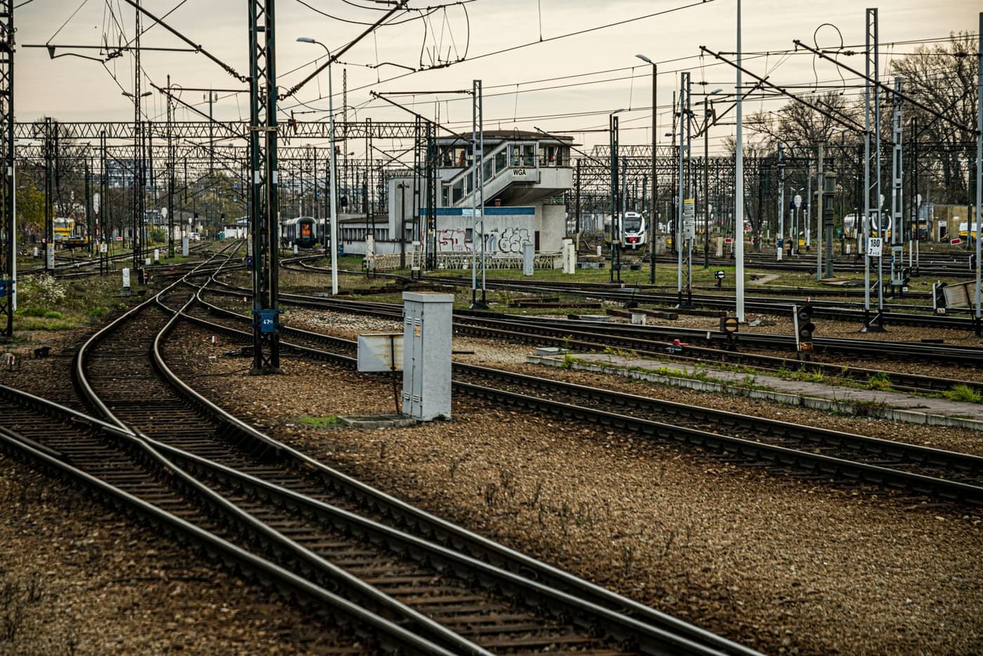 A railway junction where the points divide the tracks.
