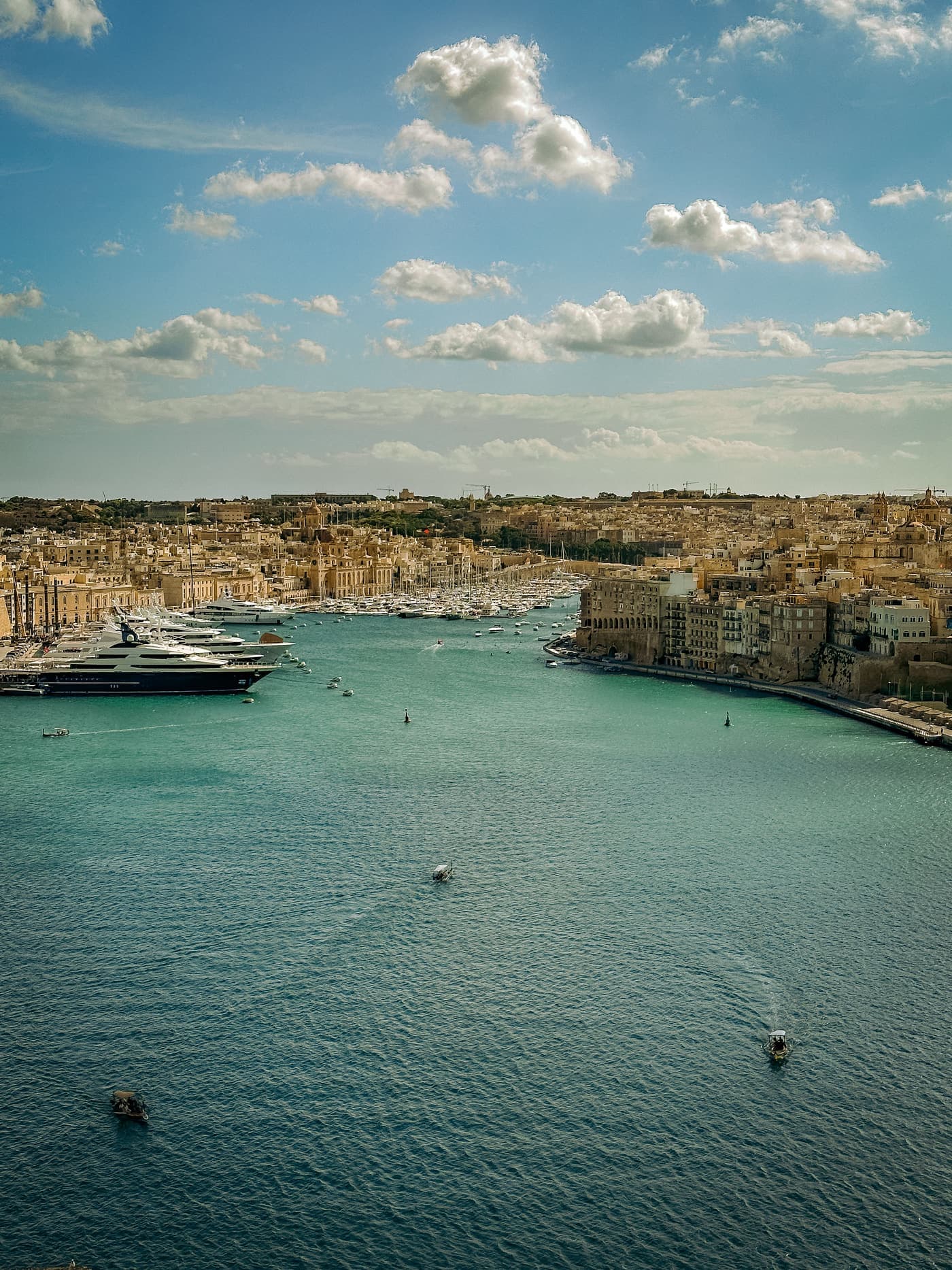 Aerial view of the Grand Harbour in Valletta with yachts and fortifications